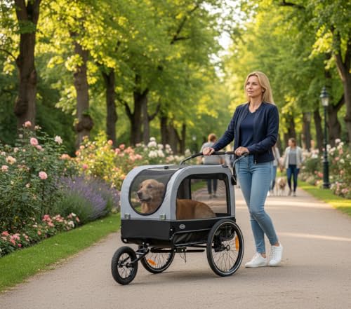 CXWXC Fahrradanhänger für Hunde 2 in 1 Fahrradanhänger & Jogger hundewagen mit Stoßdämpfer, Hundeanhänger Maximale Belastbarkeit 40KG/88LBS (Grau)