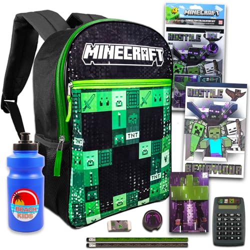 Minecraft Backpack Set - Bundle of School Supplies Bundle with 16” Bag, Folders, Notepad, Pencils, Stickers, and More | Minecraft 
