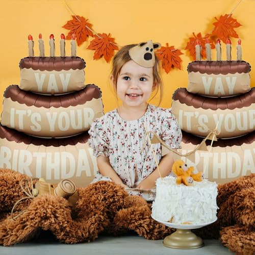 Image of 2PCS Happy Birthday Cake Foil Balloons, 40 inch Large Three-Layer Mylar Birthday Balloons, Yay Balloon for Girls Boys Kids Baby Shower Party Decorations, Brown
