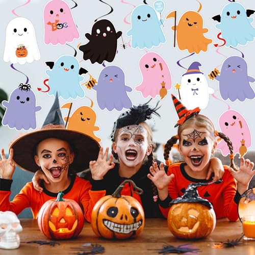 Image of 40Pcs Halloween Ghost Hanging Swirl Decorations, Halloween Party Ceiling Hanging Swirls Ghost Hanging Swirls Streamers for Trick or Treat Birthday Baby Shower Party Decor Supplies