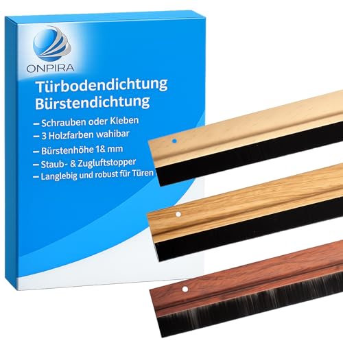 Türbodendichtung Bürstendichtung – Schrauben oder Kleben, 3 Holzfarben wählbar, Bürstenhöhe 18 mm, Staub- & Zugluftstopper, langlebig und robust für Türen (Mit Klebeband, Mittelbraun)