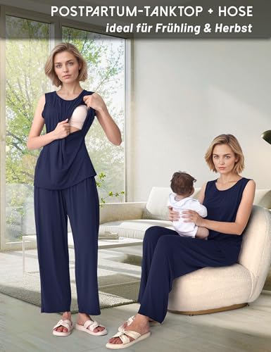 SUNNYBUY Stillpyjama Set Damen 3-teilig Umstands- und Still-Schlafanzug mit Top, Hose und Morgenmantel ideal für Schwangerschaft, Wochenbett und Klinik, Marineblau L