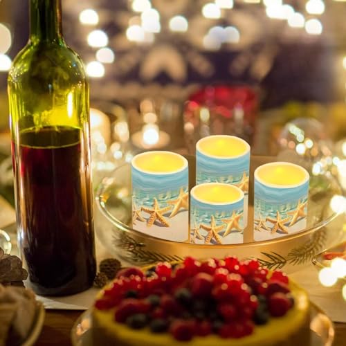 Image of Battery Operated Tea Lights Candles with Timer, Flickering Flameless LED Pillar Color Changing Candles with Remote for Beach Coastal Decor Beach Starfish Blue, Set of 4