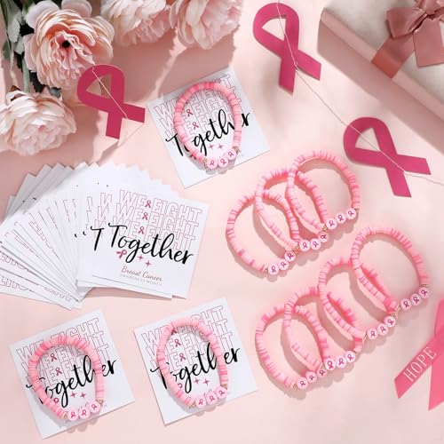 Tondiamo 24 Sets Breast Cancer Awareness Bracelets Bulk Pink Ribbon Polymer Clay Handmade Beads with We Fight Together Motivational Cards Breast Cancer Awareness Gifts Bulk for Women Party Favor2