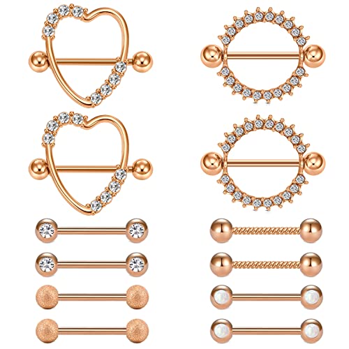 D.Bella 14G Nipple Rings for Women Heart Diamond Nipple Piercing Jewelry Rose Gold Nipple Tongue Rings Surgical Steel Nipple Jewelry 14mm 16mm Nipple Tongue Piercing Barbell