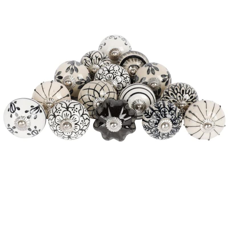Art Of Creation Black and White Ceramic Door Knobs Flower Assorted Handmade Design Vintage Door Knob Look Shabby Chic Interior Cabinet Cupboard Drawers Pulls Handles (Pack of 20)