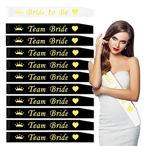 11 Stück Bride to Be,JGA deko Accessoires Braut Schärpe Set mit 1 Weiß Bride to be Schärpe und 10 Team Bride Schärpe für Junggesellinnenabschied Schärpe Accessoires Frauen Dekoration(Schwarz Gold) Cover