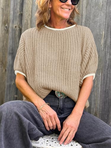 Image of Saodimallsu Womens Puff Short Sleeve Sweater Tops Spring Summer Color Block Ribbed Knit Crew Neck Going Out Shirts