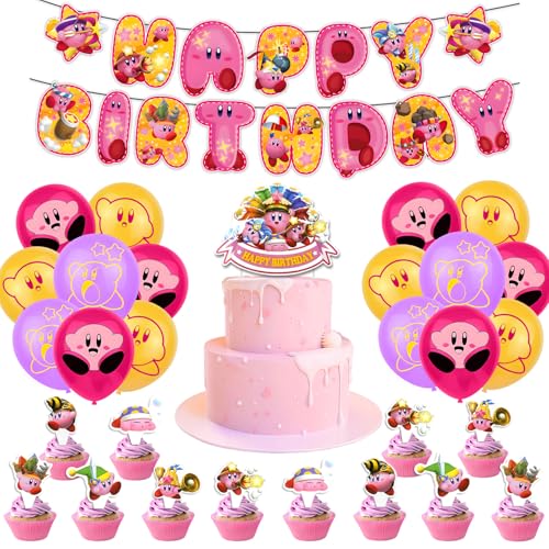 Decorations Ki-rby Birthday Party Decoration 44PCS Kids Cartoon Balloons Kit with Latex Balloon Banner Cake Topper Deco Ki-rby Party Supplies for Boys Girls Birthday Theme Decoration