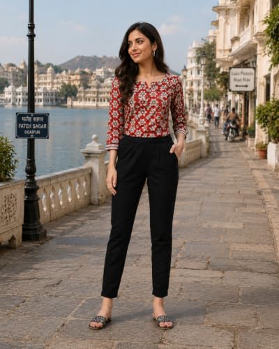 Image of DIGITAL SHOPEE Women Cotton Regular Fit Elastic Waist Casual Ankle Pant Trouser with Two Side Pocket