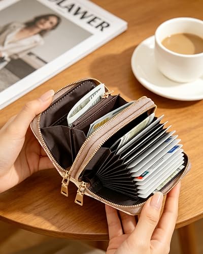 Image of Pink Floral Credit Card Holder for Women,Accordion Wallet | RFID Blocking Card Wallet, Vegan Leather with Wristlet, dual independent zipper compartments,17 Card Slots