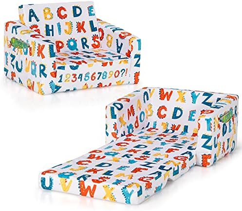 Costzon Kids Sofa, 2 in 1 Flip Open Couch w/Sturdy Sponge Construction, Velvet Fabric, Storage Pockets, Toddler Armrest Chair Bed for Nap Play Sleep, Ideal Gift for 0-4 Years Old Children, Alphabet