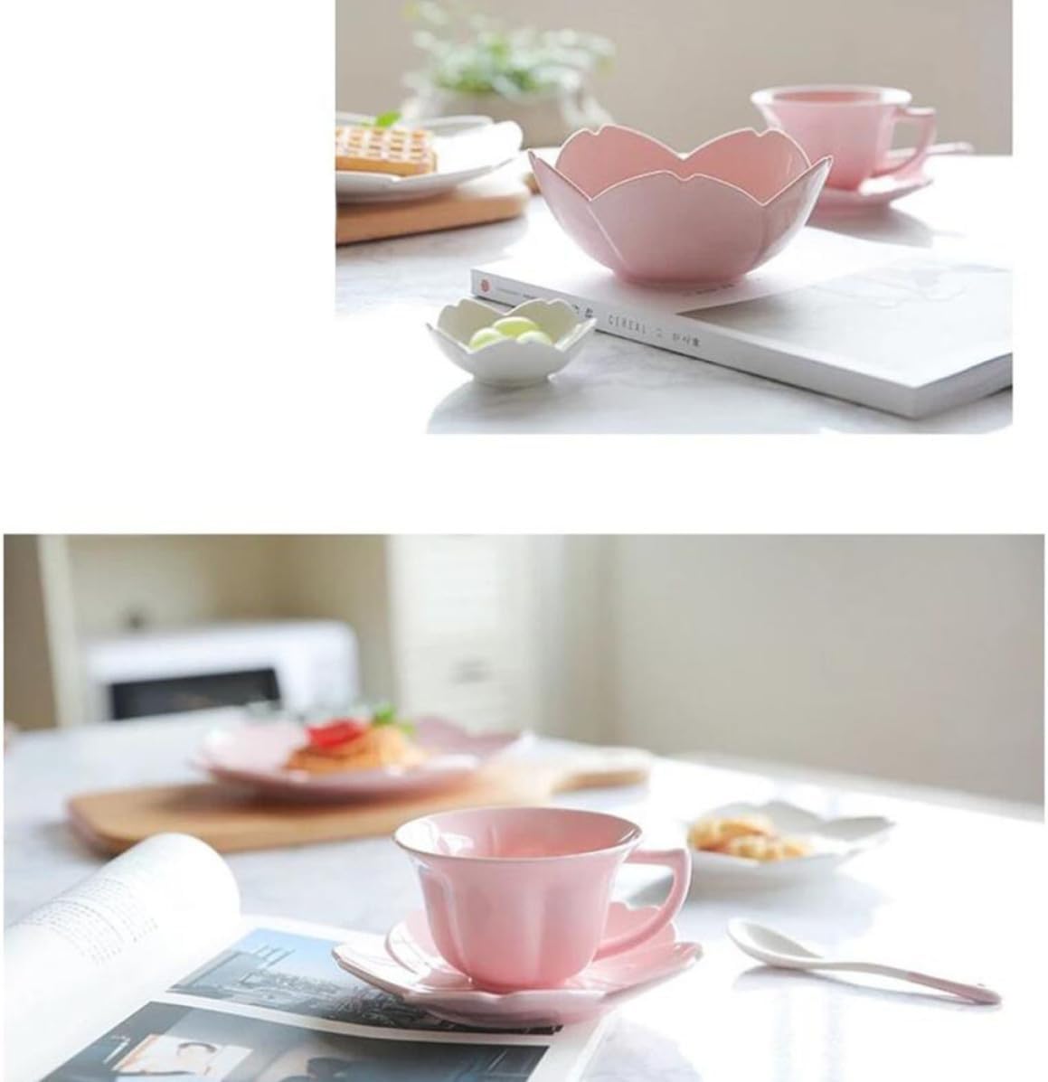 Ciieeo Pink Ceramic Flower Bowl Japanese Style Tableware for Salad Serving