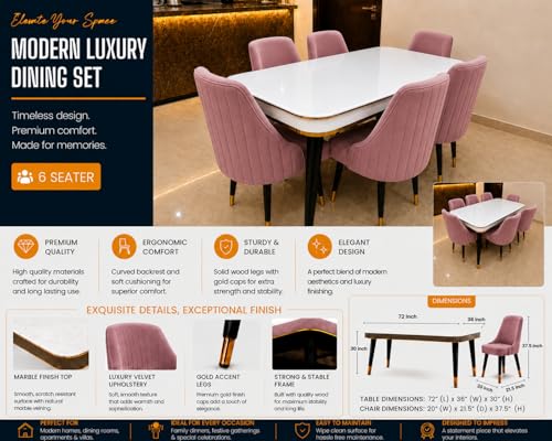 Image of WOODEN SPACE 6-Seater Wooden Dining Table Set | Nano Composite Marble Top | Solid Wood Base | Modern Dining Room Furniture with 6 Chairs (Pink Infinity Backline)