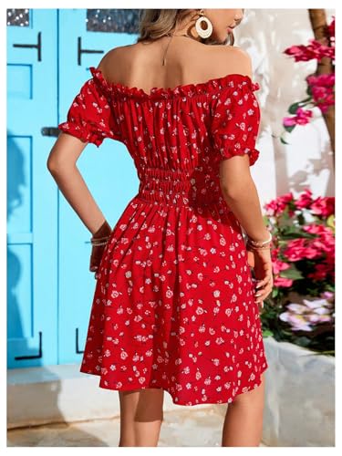 Milumia Women's Floral Off Shoulder Puff Sleeve Short Dress Boho Frill Trim A Line Mini Dresses3