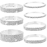YancLife 7 Pcs Rhinestone Stretch Bracelet, Alloy Rhinestone Bracelets Adjustable Size, Silver Rhinestone Bangle Stackable Bracelet, Bridal Sparkly Wedding Jewelry for Women Bridal Girls Ladies