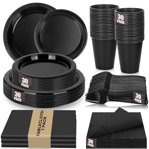 CLIYTICA Black Plastic Plates for Party 30 Guest Disposable Plastic Plate Set 9 Plates 7 Dessert Plates Napkins Cups Forks & Tablecloth for Birthday Halloween Christmas Graduations