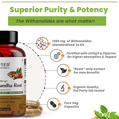 Image of Rooted Ashwagandha Root Capsules (5% Withanolides), Pure Extract | 30 Caps, 500 Mg Each