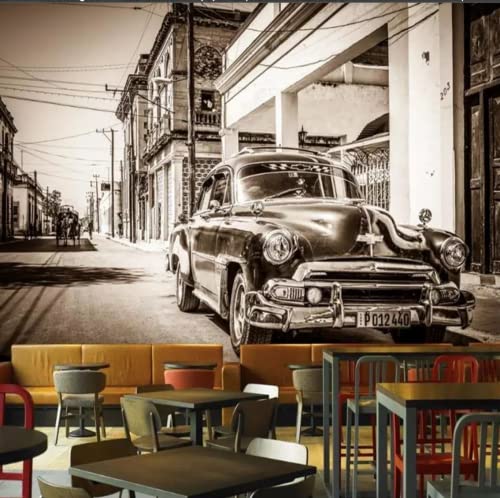 Fototapete 3D-Fototapete Schwarz-Weiß-Straße Retro-Autobild Hotelhintergrundwand 3D-350 * 245 cm Cover