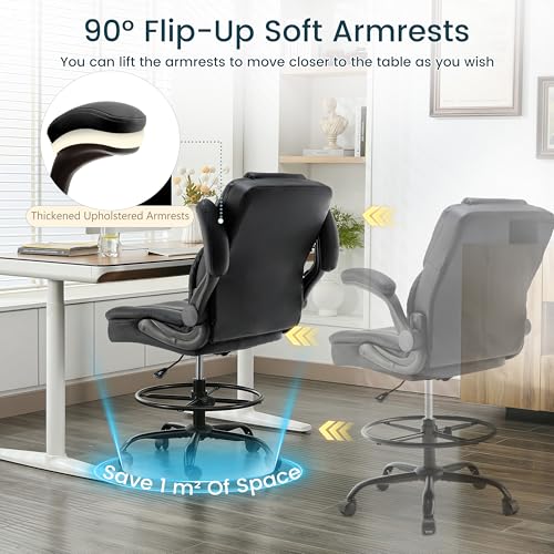 Image of Drafting Chair 500Lbs, Tall Office Chair for Standing Desk, High PU Leather Executive Office Chair with Flip-up Armrests, Ergonomic High Chair with Adjustable Foot Ring, Comfy Stool Chairs, Black