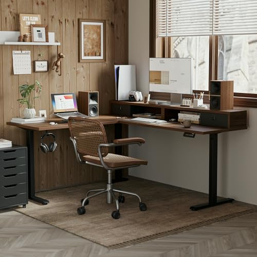 Image of Agilestic L Shaped Electric Standing Desk with 2 Drawers, 63 Inch Ergonomic Adjustable Height Desk with Storage, Corner Desk Sit Stand up Computer Table for Work Office Home, Dark Walnut