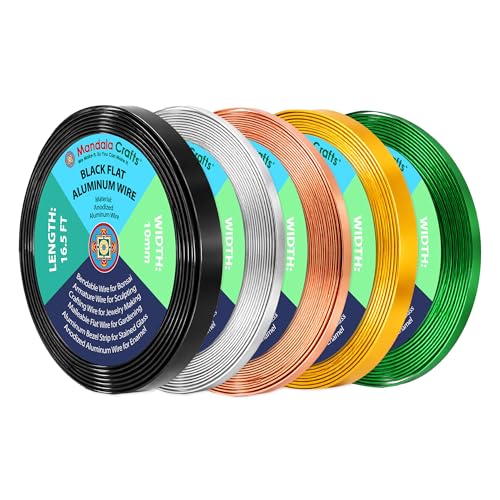 Image of Mandala Crafts 10mm Black Silver Copper Gold Tone Green Flat Aluminum Wire | 82.5 FT, Anodized, Colored, Tarnish Resistant, Bendable, Flexible, for Jewelry Making, Bezel, Bonsai, Armature, Outdoor