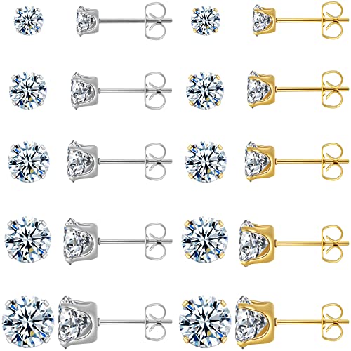 10 Pairs Surgical Steel Stud Earrings Set,14K Gold Plated Hypoallergenic Earrings Studs Set for Women, Stainless Steel Cubic Zirconia Waterproof Non Tarnish