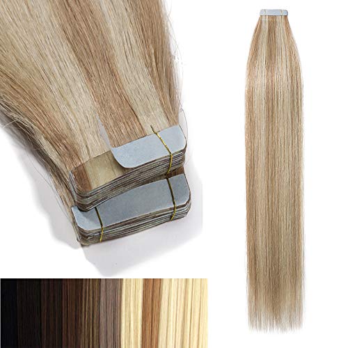 Tape In Virgin Human Hair Extensions 100% Remy Human Hair 20 pieces x 4 cm wide Human Hair 18"-50g (#18/613 Ash Blonde/Bleach Blonde)