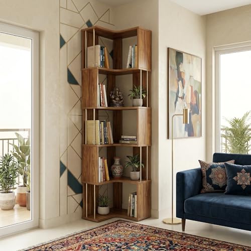 Image of Studio Kook Vista Engineered Wood Corner Bookshelf | Bookcase (Matte Finish) (Amber Walnut)