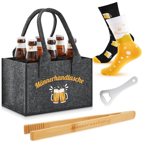 Qualità eccellente: la borsa da birra da uomo è realizzata in feltro ispessito di alta qualità, stabile e resistente, che facilita il trasporto di bottiglie di vino; Il design dello scomparto rende le bottiglie sicure e stabili, quindi non sono facili da schiacciare o danneggiare durante il trasporto; Le pinze per grigliate sono realizzate in materiale di legno di alta qualità, i divertenti calzini da uomo sono in cotone e l'apribottiglie è in acciaio inossidabile