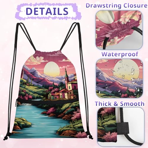 Village Springtime Polyester Drawstring Bag with Zipper Pocket, 18x14 Inch Water-Resistant Gym Sack String Backpack for Sports, Travel, Camping3