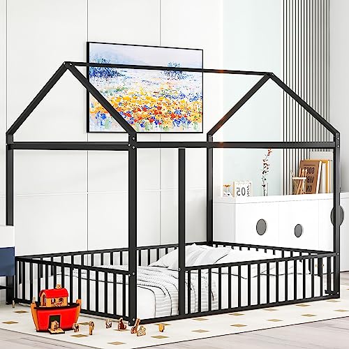 Merax-Full-Size-Metal-House-Bed-Frame-with-Fence-for-KidsTeensGirlsBoysCabin-Floor-Bed-for-BedroomBlack Merax Full Size Metal House Bed Frame with Fence for KidsTeensGirlsBoysCabin Floor Bed for BedroomBlack