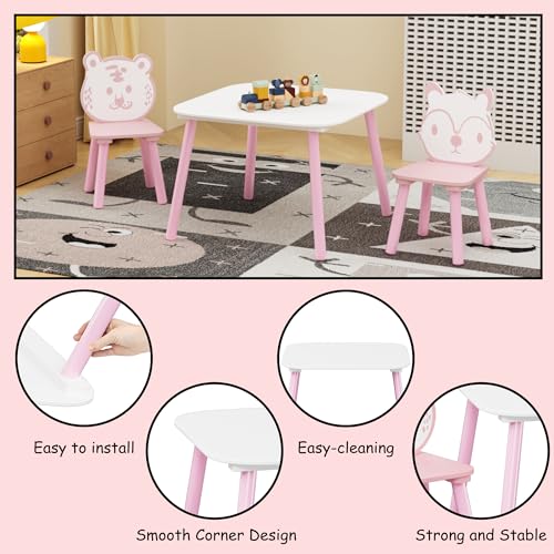Image of Wood Table & Chairs 3 Pieces Set, Boys Girls Activity Table w / 2 Animal Shaped Chairs, Solid Wood Legs, Safe Rounded Corners, Playroom Furniture for Boys & Girls Activity Dining Drawing Craft.