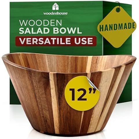 Wooden Salad Bowl, Wood Bowl - 12" Wavy Design Large Salad Bowl for Serving, Fruit Bowls, Handmade, Durable and Stylish Natural Wood Dining Accessory by Woodenhouse Cover
