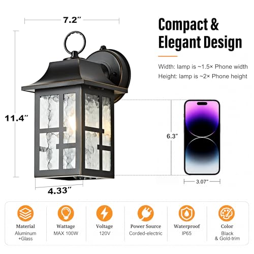 Image of OKELI 2-Pack Dusk to Dawn Exterior Lighting Fixture, Farmhouse Outdoor Wall Lights with Ripple Glass, Aluminum Porch Light Wall Mount, Anti-Rust Outside Wall Sconce for House, Garage(Black&Gold-Trim)