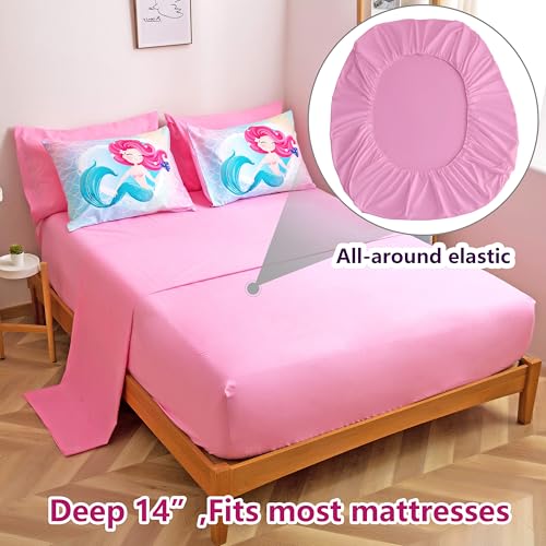 Image of Pink Little Mermaid Twin Size Bedding Set for Girls, 5-Piece Soft Kids Comforter with Matching Sheets and Pillow Sham, Cute Sea Princess Bed in a Bag