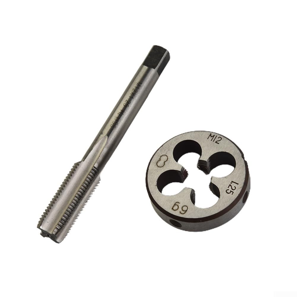 Zestaw gwintowników i narzynek, gwintowniki i narzynki do gwintów okrągłych, gwintowniki HSS HSS metryczne prawe 12 mm x 1,25 mm i zestaw narzynek M12 x 1,25 mm do polerowania DIY
