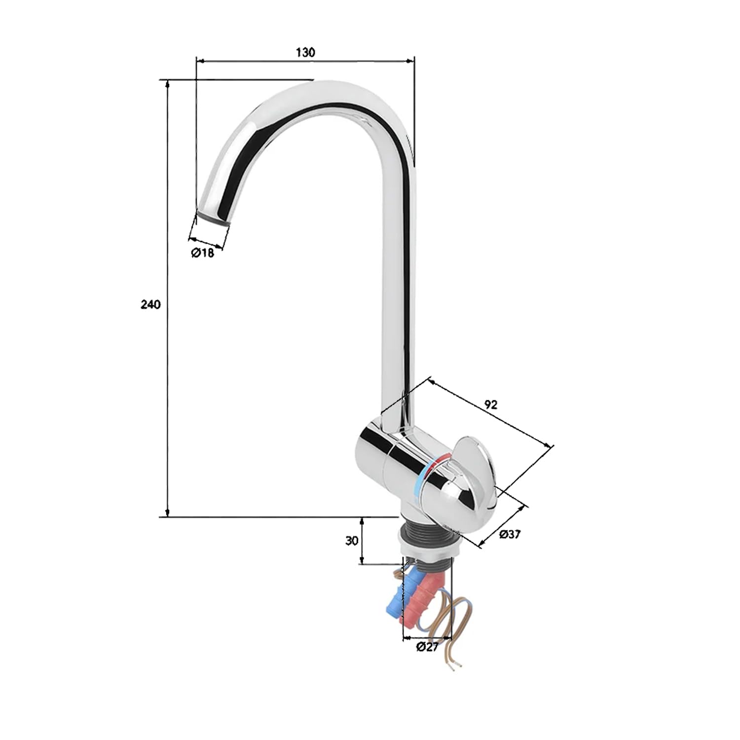 Rubinetto freddo e caldo, stile 3000, beccuccio in metallo, Ø 27 mm, cromato per camper, roulotte