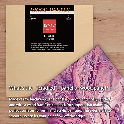 Unfinished Birch Wood Boards Canvas For Painting, 5 Packs 3/4’’ Deep Cupohus 12’’ X 12’’ Wooden Cradled Panels For Pouring Art, Crfats, Paints And More #TOP2