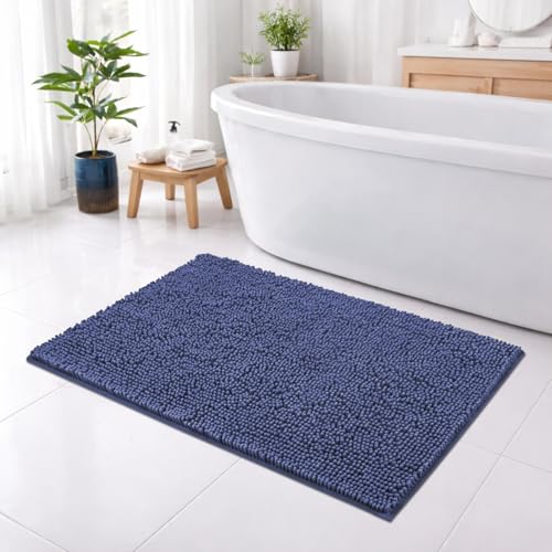 Image of LUXE HOME INTERNATIONAL Shaggy Chenille Bath Mat Extra Soft Super Absorbent Anti Skid Slip Popcorn Door Mats for Home Entrance, Bathroom, Bedroom, Kitchen, Floor Mat (45x75 cm Navy) Pack of 1