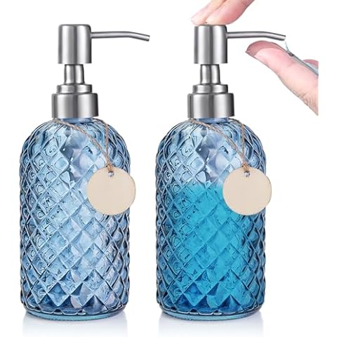 Glass Soap Dispenser, Kitchen Soap Dispenser Bottle with Stainless Steel Pump, Bathroom Soap Dispenser with Wooden Plaques, Liquid Hand Soap Dispenser for Shampoo Hand Wash Essential Oils (Blue, 2Pcs) Cover