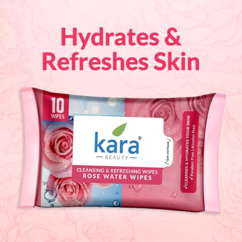 Image of kara Rose water Face Wipes for Oily & Acne Prone Skin | 10 Wipes Pack | Oil Control Cleansing Wet Wipes Removes Dirt Oil Makeup | Alcohol Free, Dermatologically Tested Travel (Pack of 5)