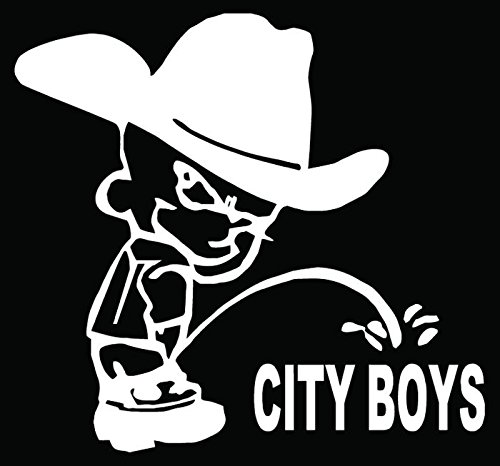 Piss On City Boys Cowboy Pee Car Truck Window Bumper Vinyl Graphic Decal Sticker- (6 inch) / (15 cm) Wide GLOSS WHITE Color