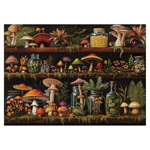 Beautiful Mushroom Bookshelf Puzzles for Adults 1000 Pieces Nature, Colorful Plant Bottle Art Jigsaw Puzzles, Pretty Scenic Painting Fantasy Puzzle - Image 3