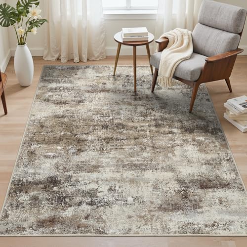 Image of BEIMO Area Rugs 8x10 for Living Room Bedroom, Modern Abstract Machine Washable Rug, Large Soft Low Pile Floor Carpet with Non Slip Backing for Dining Room, Beige /Brown