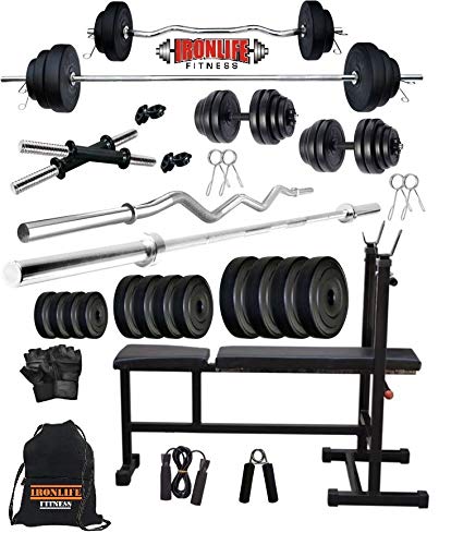 Ironlife Fitness Leather 50 Kg Weight Plates 5 And 3 Ft Rod 2 D Rods Home Gym Equipments Dumbbell Set With 3 In 1 Bench Press Amazon In Sports Fitness Outdoors