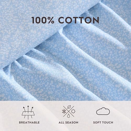 Image of Laura Ashley - Full Size Sheet Set, Crisp & Lightweight Cotton Percale Bedding with Fitted Sheet and Pillowcases, Floral Room Decor, Deep Pocket, College Dorm Room Essentials (Maeve Blue)