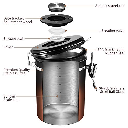 Veken Coffee Canister, Airtight Stainless Steel Food Storage Container With Date Tracker And Scoop For Grounds Coffee, Tea, Flour, Sugar, 22Oz, Copper #TOP3