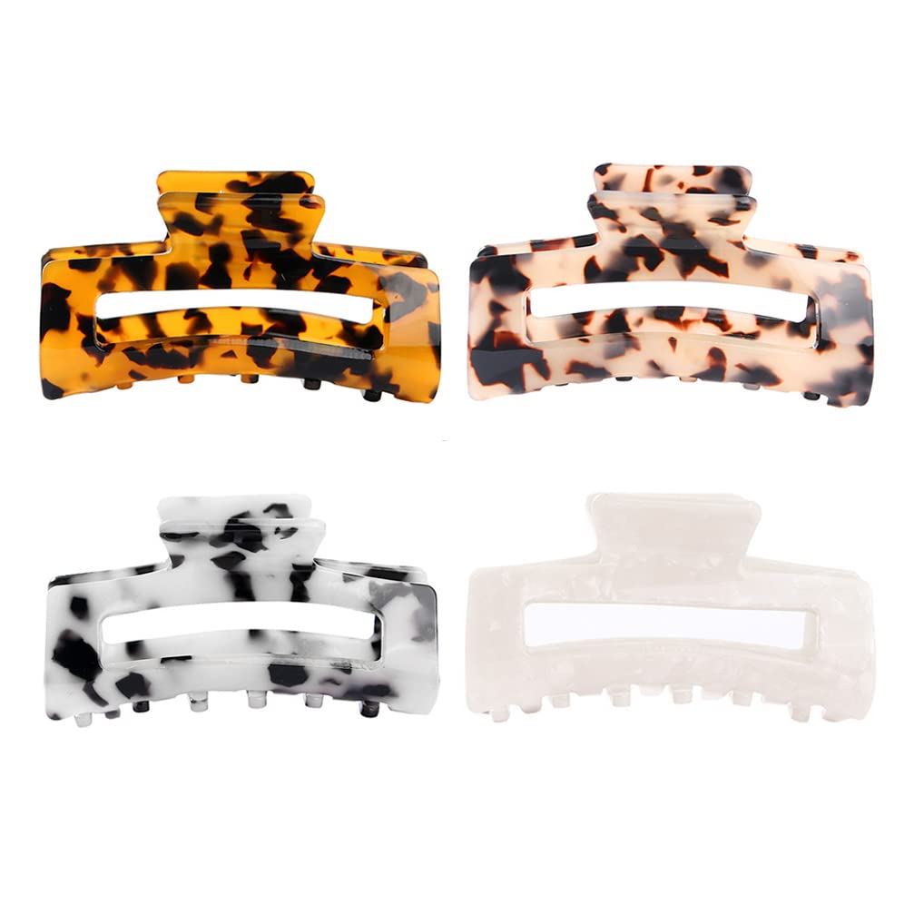 4PCS Hair Claw Clips, Resin Hair Claw Tortoise Cutout French Design Leopard Print Stylish Hair Accessories Strong Hold Rectangle Hair Clamp for Women Girls Thick Thin Hair
