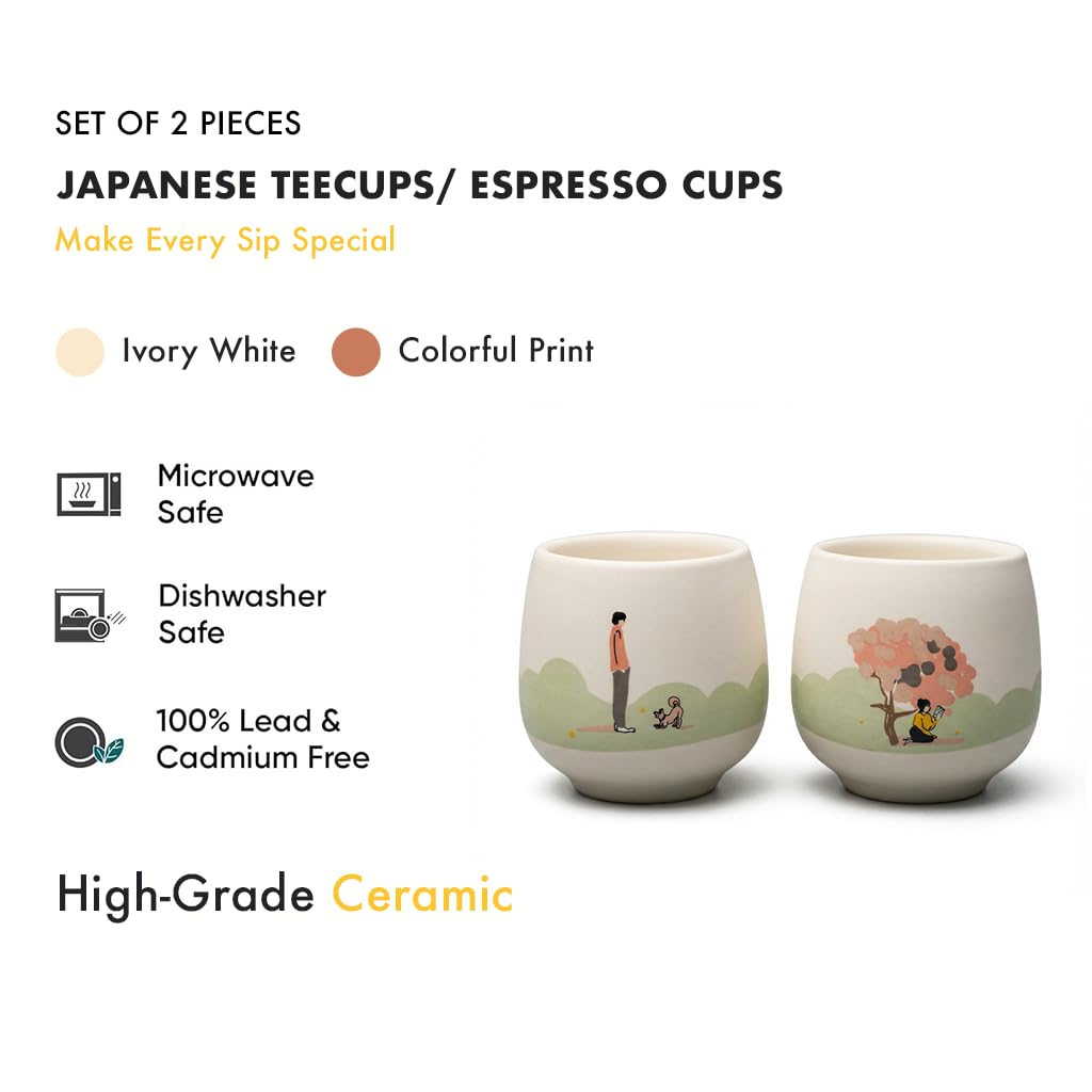 Sommer Set! - Keramik Trinkbecher, 110ml, 2-er Keramik set, Elfenbeinweiß, Japanische Teetasse, Kaffee, Nachtisch, Snacks